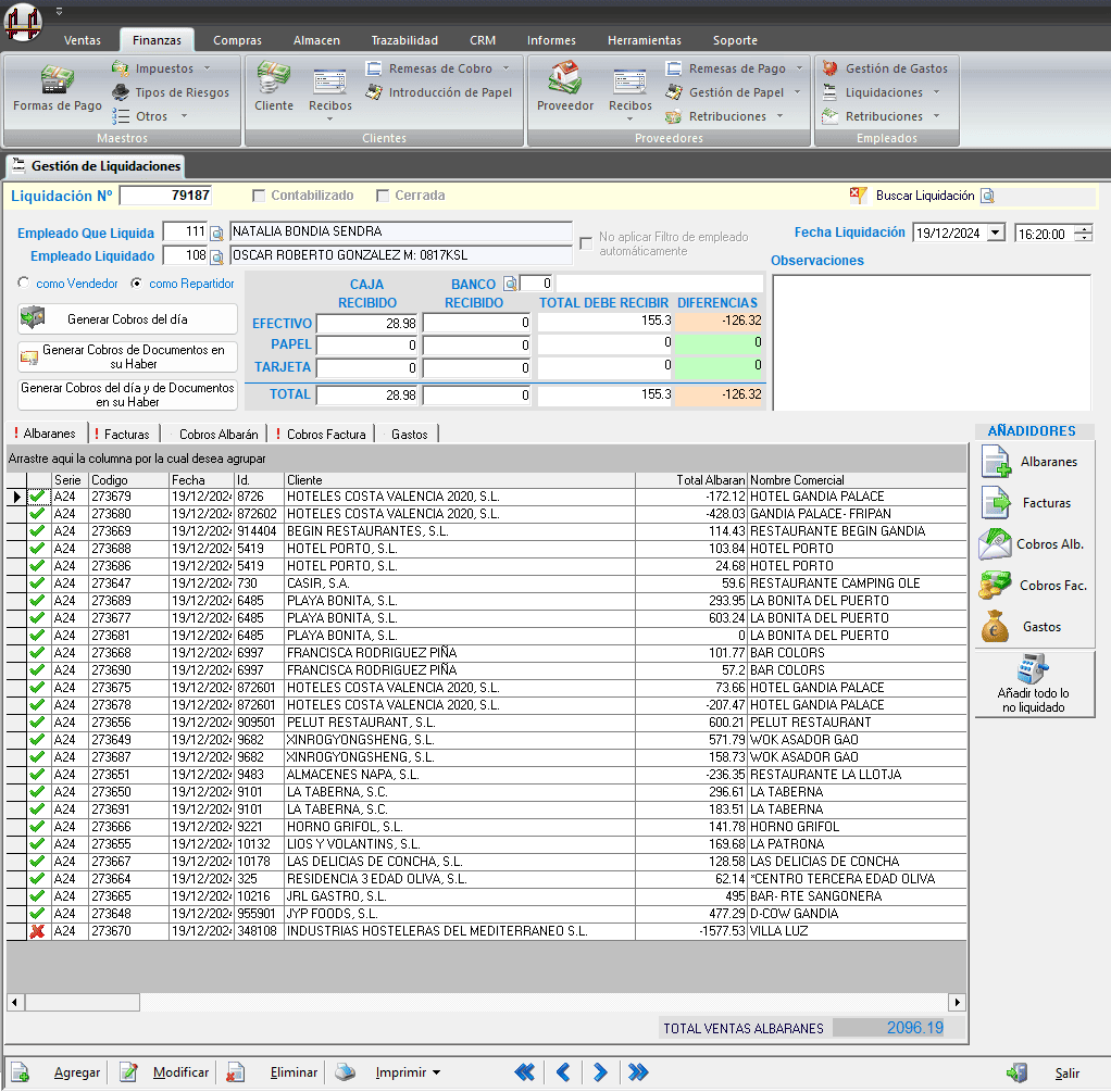 Pantalla Finanzas y Liquidaciones ERP